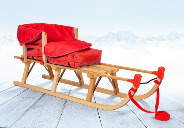 Impag® Davos-Schlitten Holz 115 cm, Zuggurt, Lehne, Fußsack Rot