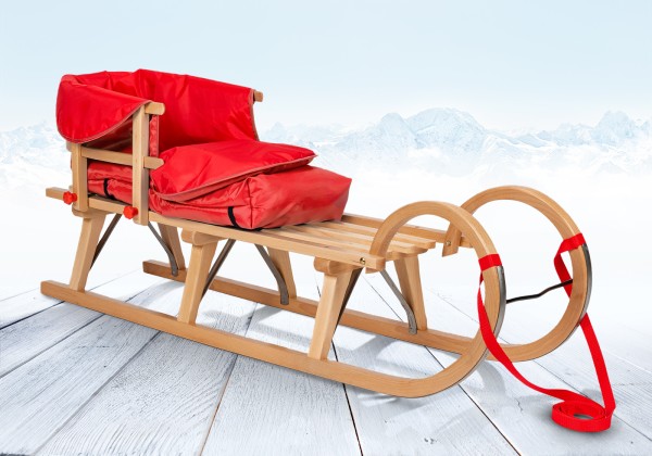 Impag® Hörner-Schlitten Holz 115 cm, Zuggurt, Lehne, Fußsack Rot